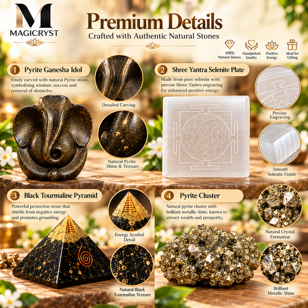 Combo -Ultimate Protection & Prosperity Combo β Pyrite GaneshaShree Yantra Selenite PlateBlack Tourmaline PyramidPyrite Cluster