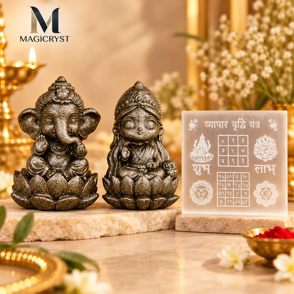 Pyrite Ganesha & Laxmi with Vyapar Vriddhi Yantra – Complete Wealth & Prosperity Combo
