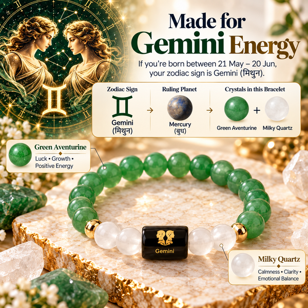 Gemini Zodiac Bracelet β Mithun Rashi AAA Green Aventurine & Milky Quartz Crystal Bracelet