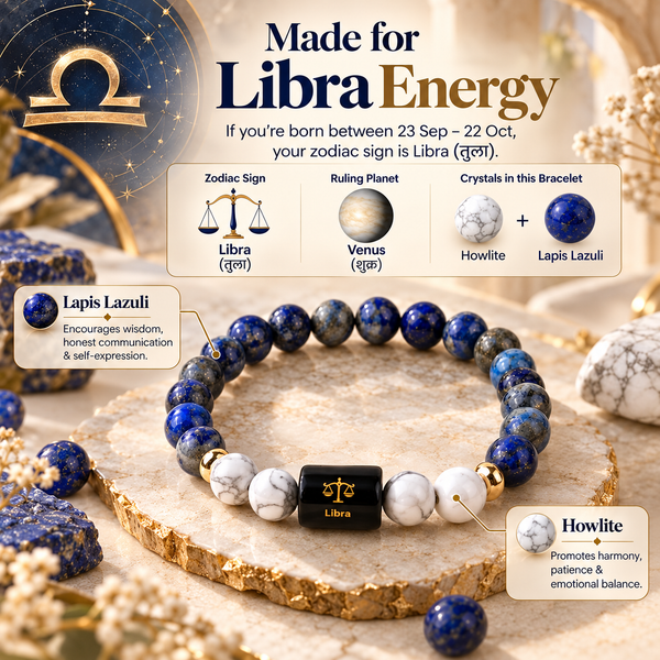 Libra Zodiac Bracelet β Tula Rashi Lapis Lazuli & Howlite Crystal Bracelet