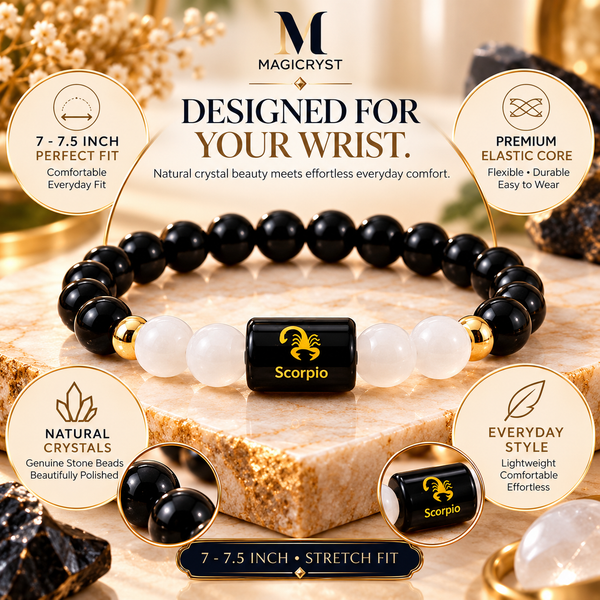 Scorpio Zodiac Bracelet β Black Obsidian & Milky Quartz | Vrishchik Rashi Crystal Bracelet