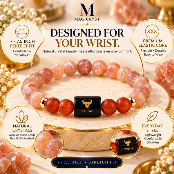 Taurus Zodiac Bracelet β Vrishabh Rashi Carnelian & Rhodonite Crystal Bracelet