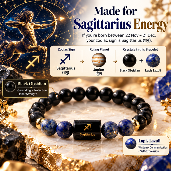 Sagittarius Zodiac Bracelet β Dhanu Rashi Black Obsidian & Lapis Lazuli Crystal Bracelet