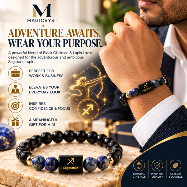 Sagittarius Zodiac Bracelet β Dhanu Rashi Black Obsidian & Lapis Lazuli Crystal Bracelet
