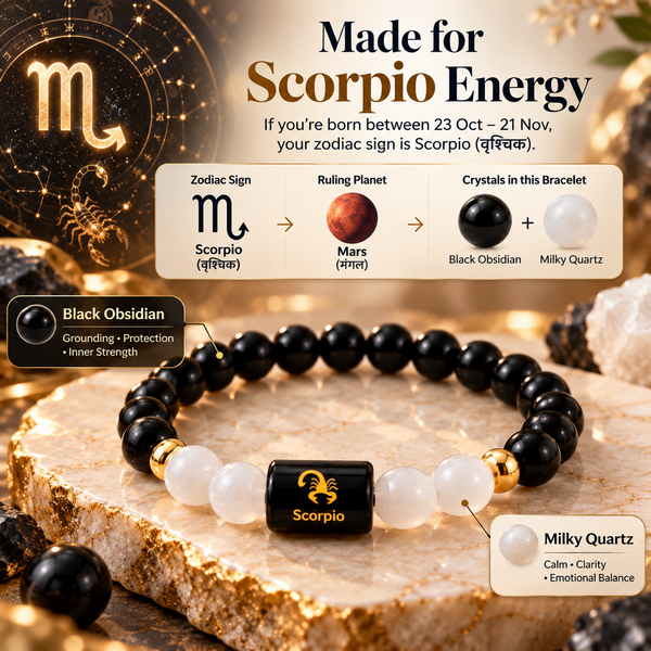 Scorpio Zodiac Bracelet β Black Obsidian & Milky Quartz | Vrishchik Rashi Crystal Bracelet