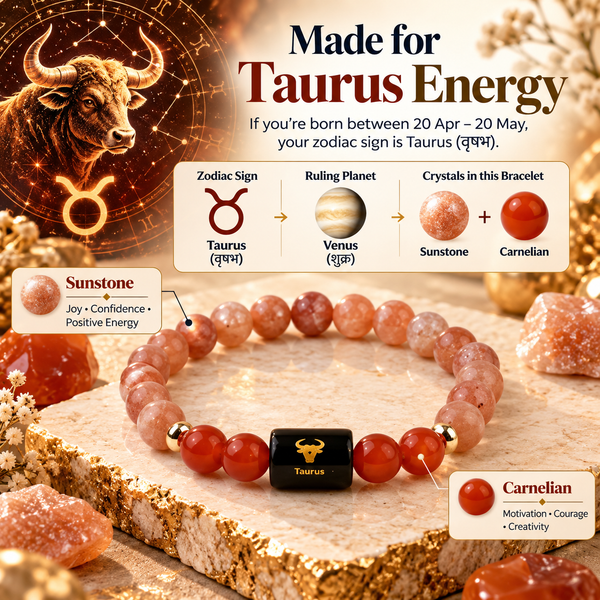 Taurus Zodiac Bracelet β Vrishabh Rashi Carnelian & Rhodonite Crystal Bracelet