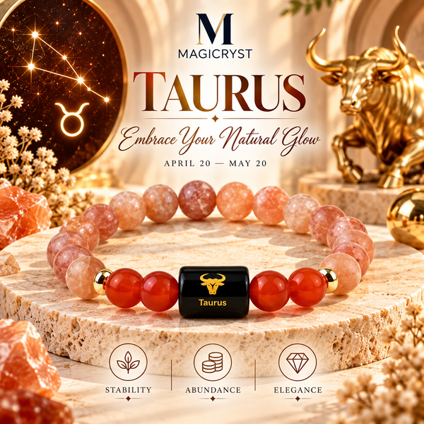 Taurus Zodiac Bracelet β Vrishabh Rashi Carnelian & Rhodonite Crystal Bracelet