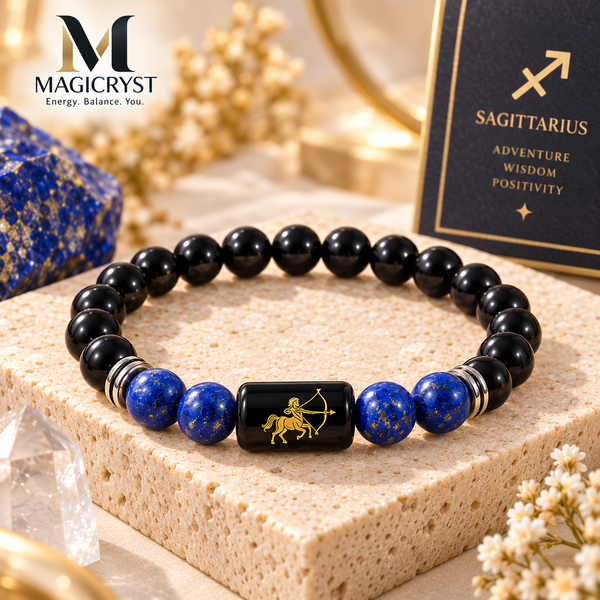 Sagittarius Zodiac BraceletDhanu Rashi Black Obsidian & Lapis Lazuli Crystal Bracelet