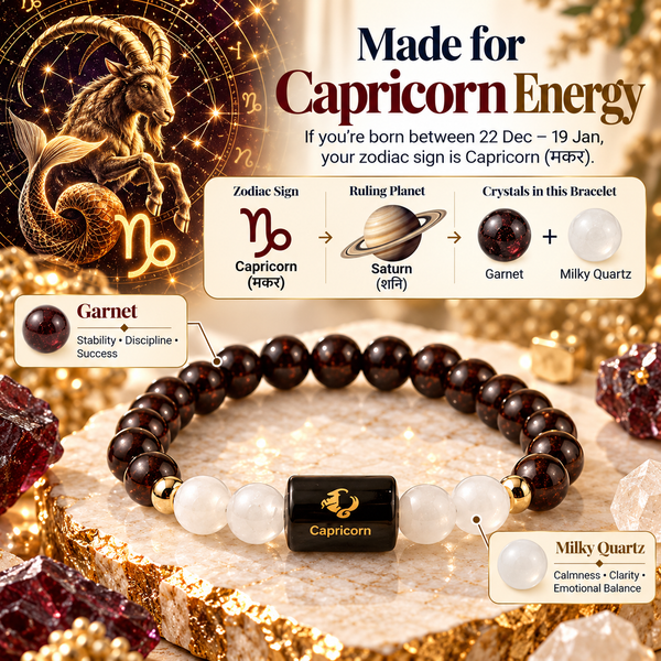 Capricorn Zodiac Bracelet – Makar Rashi AAA Garnet & Milky Quartz Crystal Bracelet