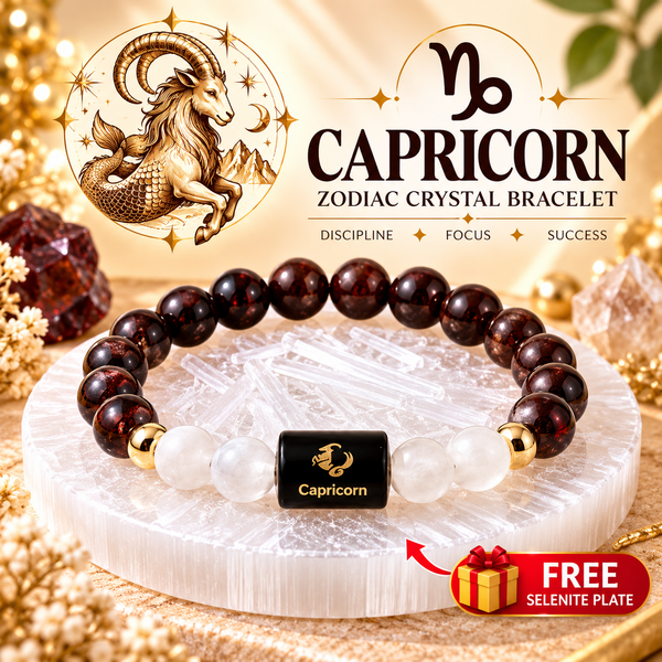 Capricorn Zodiac Bracelet – Makar Rashi AAA Garnet & Milky Quartz Crystal Bracelet