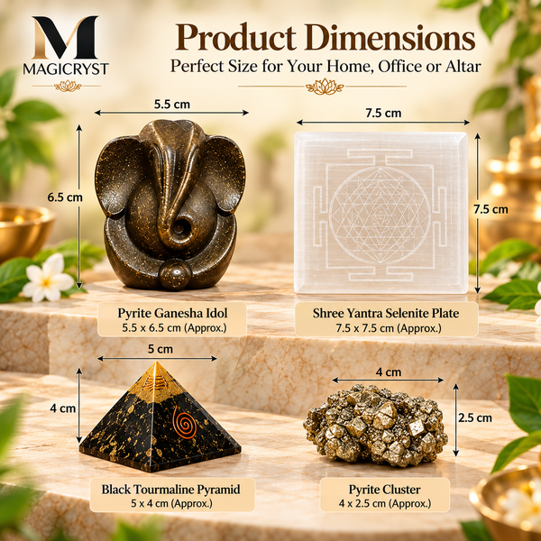 Combo -Ultimate Protection & Prosperity Combo – Pyrite GaneshaShree Yantra Selenite PlateBlack Tourmaline PyramidPyrite Cluster