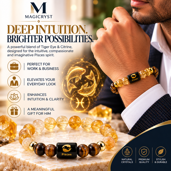 Pisces Zodiac Bracelet – Meen Rashi Citrine & Tiger Eye Crystal Bracelet