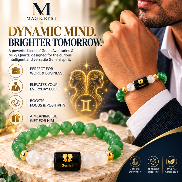Gemini Zodiac Bracelet – Mithun Rashi AAA Green Aventurine & Milky Quartz Crystal Bracelet