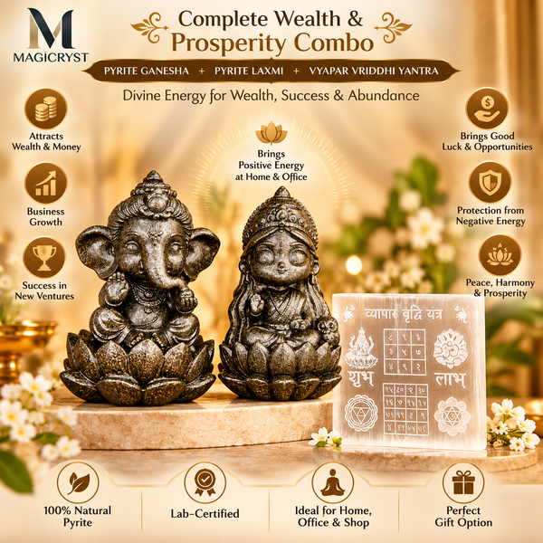 Pyrite Ganesha & Laxmi with Vyapar Vriddhi Yantra – Complete Wealth & Prosperity Combo