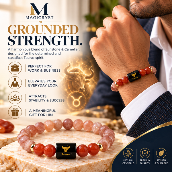 Taurus Zodiac Bracelet – Vrishabh Rashi Carnelian & Rhodonite Crystal Bracelet