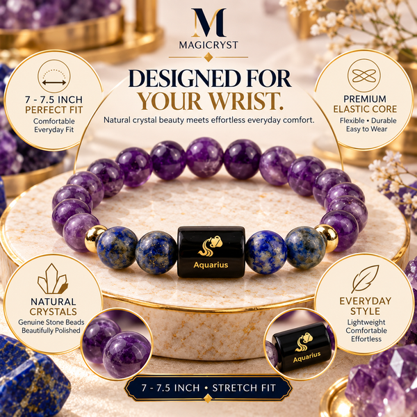 Aquarius Zodiac Bracelet – Kumbh Rashi Amethyst & Lapis Lazuli Crystal Bracelet