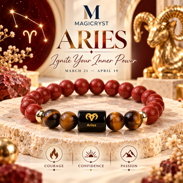Aries Zodiac Bracelet – Red Jasper & Tiger Eye | Mesh Rashi Crystal Bracelet