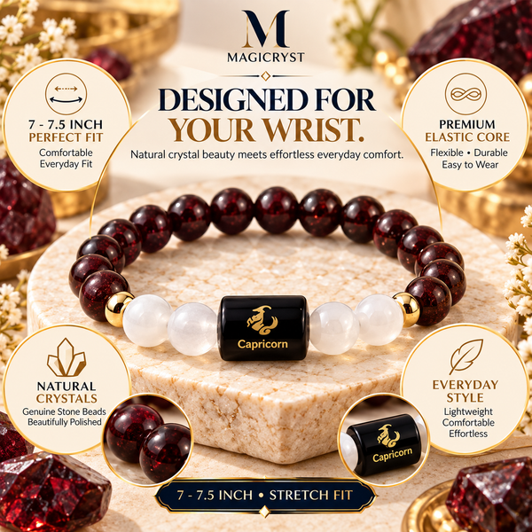 Capricorn Zodiac Bracelet – Makar Rashi AAA Garnet & Milky Quartz Crystal Bracelet