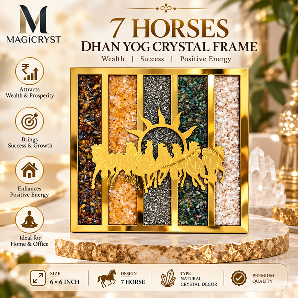 7 Horses Dhan Yog Crystal Frame – Seven Running Horses with Tiger Eye, Citrine, Pyrite, Green Aventurine & Milky Quartz