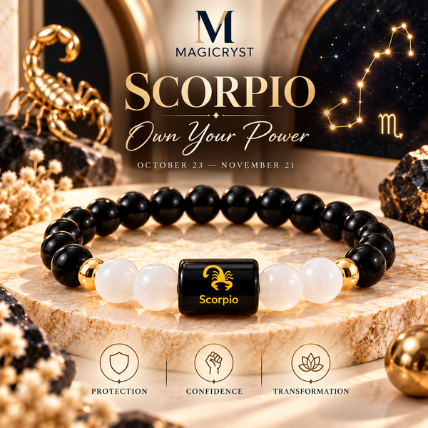Scorpio Zodiac Bracelet – Black Obsidian & Milky Quartz | Vrishchik Rashi Crystal Bracelet