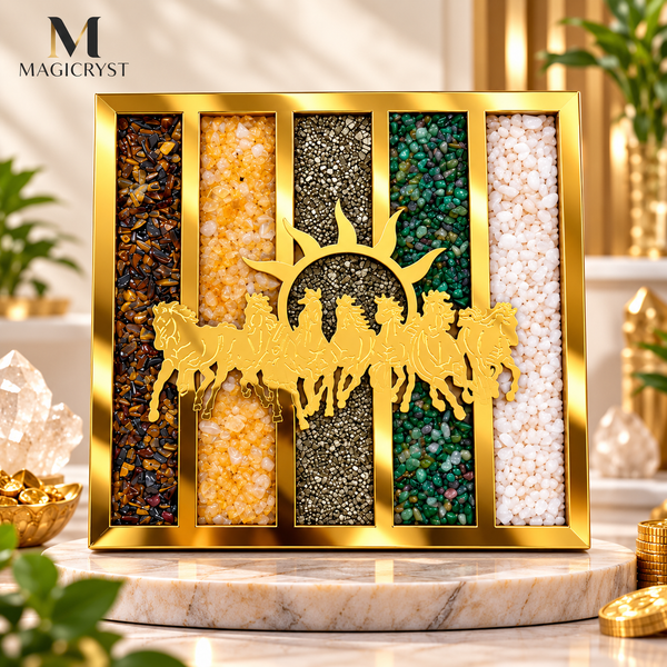 7 Horses Dhan Yog Crystal Frame – Seven Running Horses with Tiger Eye, Citrine, Pyrite, Green Aventurine & Milky Quartz