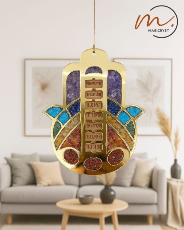 Seven Chakra Wooden Hamsa Hand Hanger