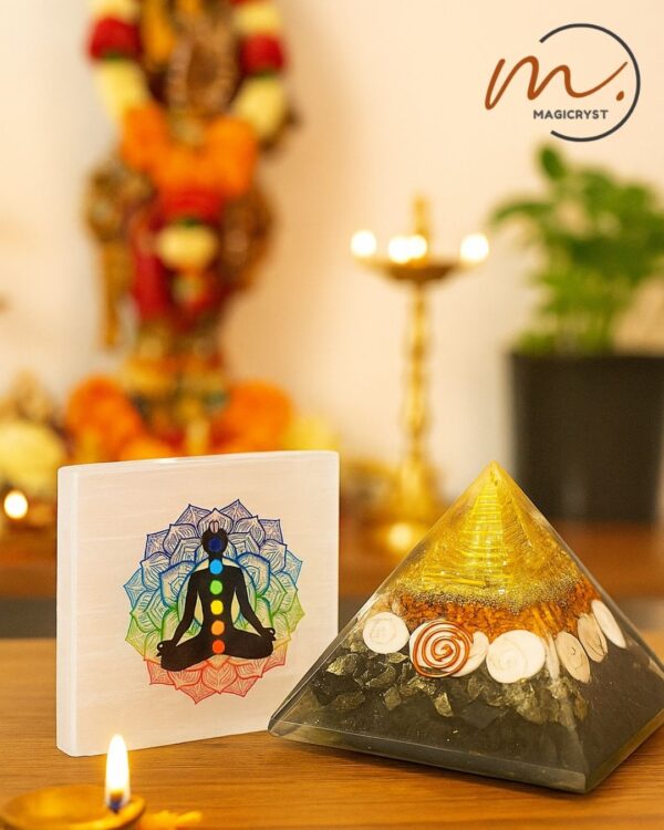 Pyrite Lakshmi Yantra Pyramid with 7 Chakra Selenite Charging Plate