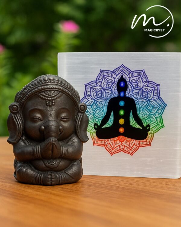 Pyrite Baby Ganesha with Selenite Charging Plate - Welcome the Blessings of Wisdom & Wealth