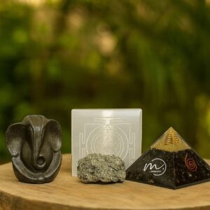 Ultimate Protection & Prosperity Combo - Pyrite Ganesha | Shree Yantra Selenite Plate | Black Tourmaline Pyramid | Pyrite Cluster