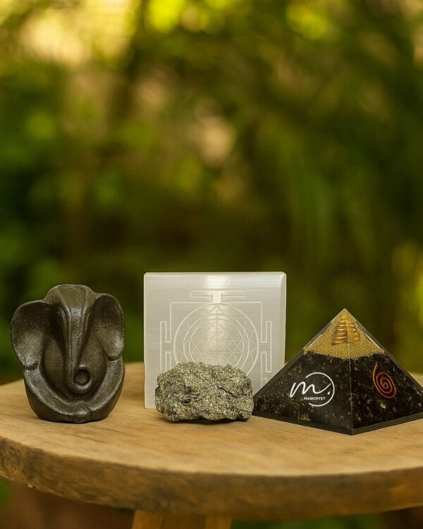 Ultimate Protection & Prosperity Combo - Pyrite Ganesha | Shree Yantra Selenite Plate | Black Tourmaline Pyramid | Pyrite Cluster