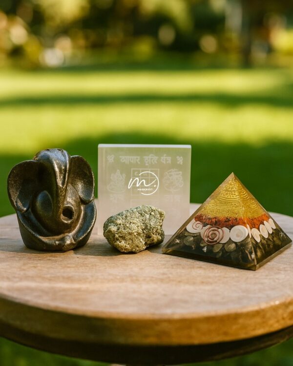 Abundance & Prosperity Combo – Pyrite Ganesha | Vyapar Vriddhi Selenite Plate | Money Magnet Pyramid | Pyrite Cluster