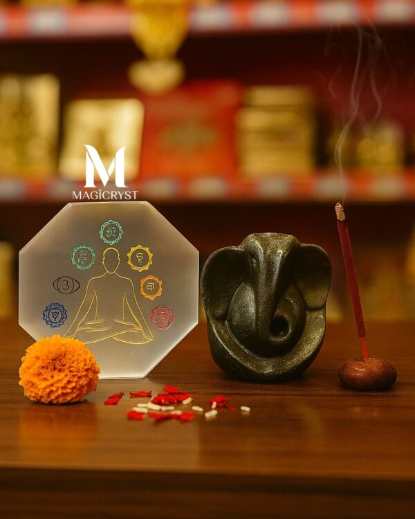 Pyrite Ganesha with Selenite Charging Coaster