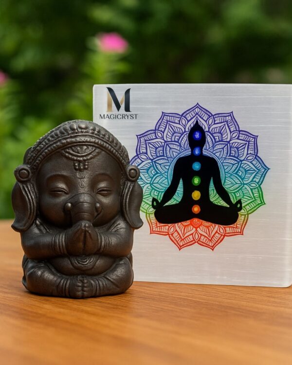 Pyrite Baby Ganesha with Selenite Charging Plate - Welcome the Blessings of Wisdom & Wealth