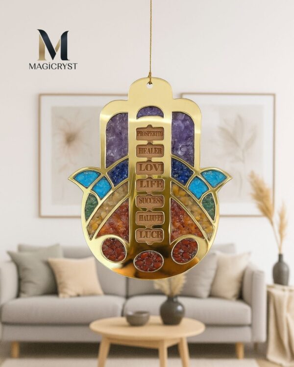Seven Chakra Wooden Hamsa Hand Hanger