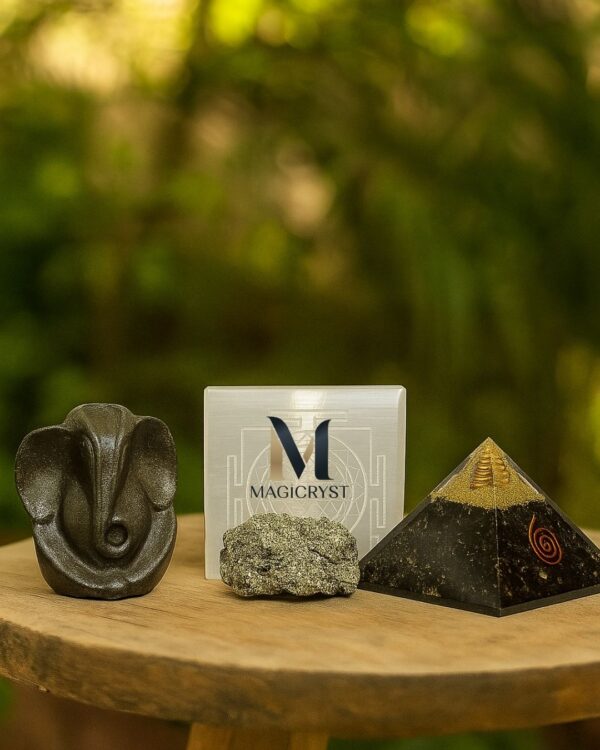 Ultimate Protection & Prosperity Combo - Pyrite Ganesha | Shree Yantra Selenite Plate | Black Tourmaline Pyramid | Pyrite Cluster