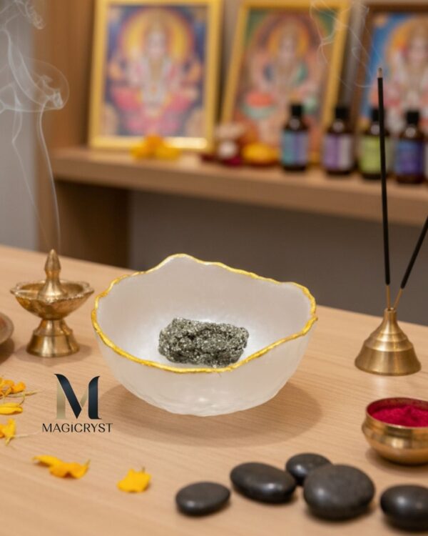 Selenite Money Bowl with Pyrite Cluster – Attract Abundance & Radiate Positive Energy